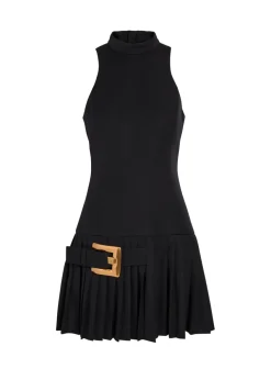 Belted pleated wool mini dress