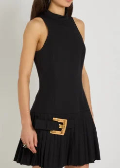 Belted pleated wool mini dress