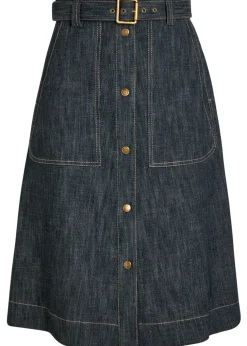 Belted stretch-denim midi skirt