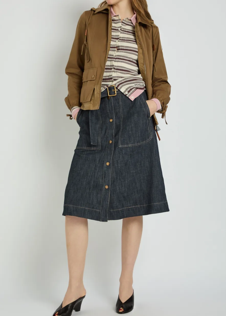 Belted stretch-denim midi skirt