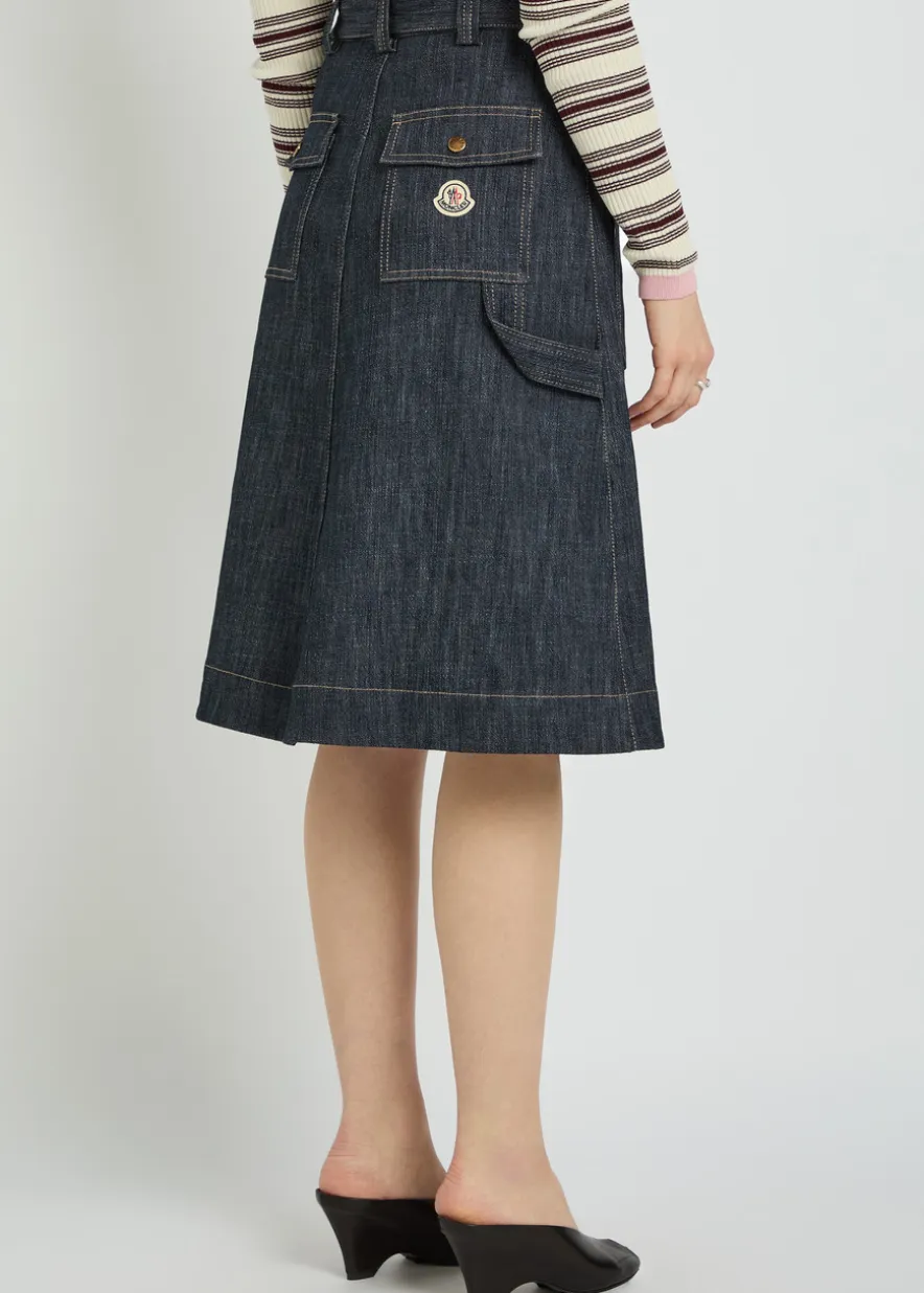 Belted stretch-denim midi skirt