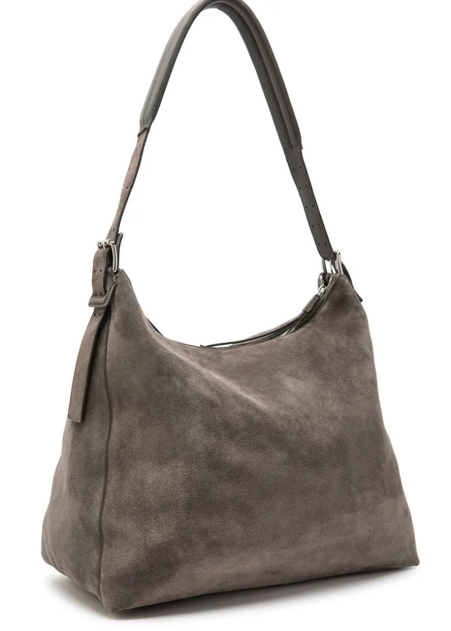 Belted suede hobo bag