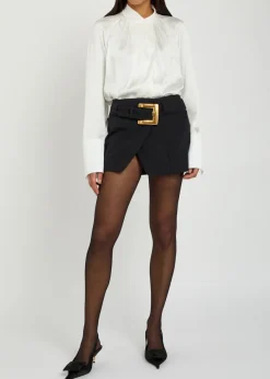 Belted wool mini wrap skirt