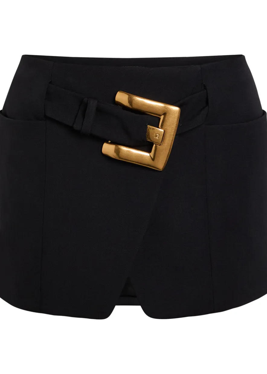 Belted wool mini wrap skirt