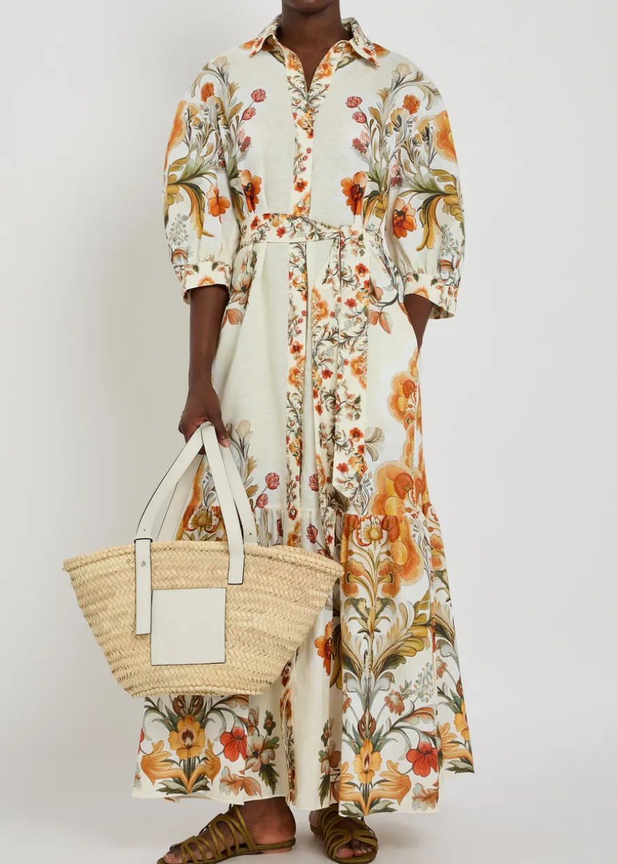 Bianca floral-print belted linen-blend maxi shirt dress