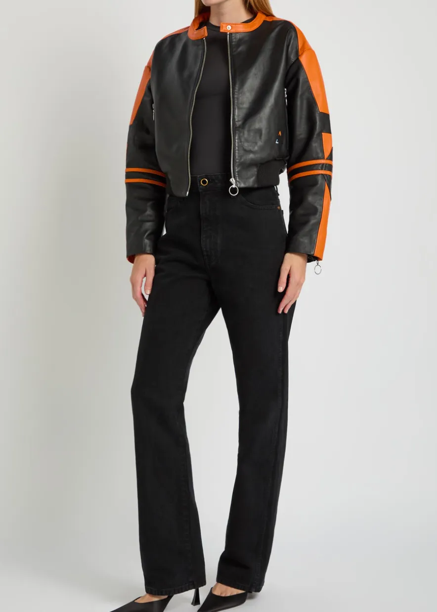 Biker padded colour-blocked leather jacket