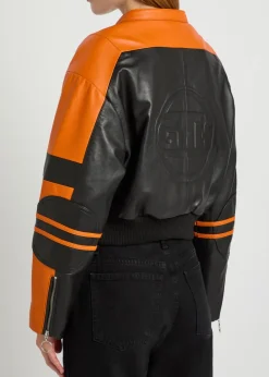 Biker padded colour-blocked leather jacket