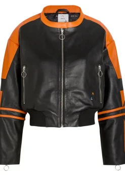 Biker padded colour-blocked leather jacket