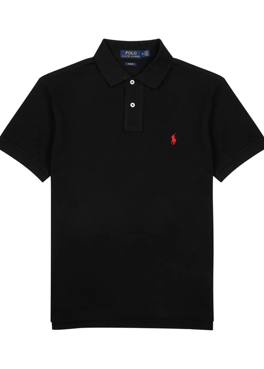 Black slim piqué cotton polo shirt