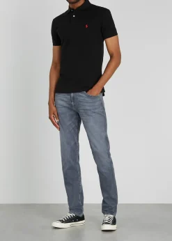 Black slim piqué cotton polo shirt
