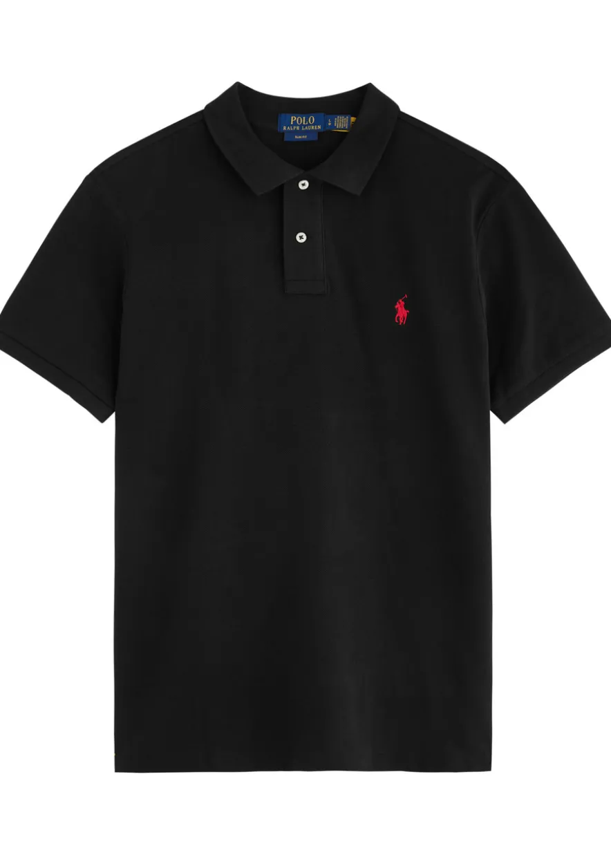 Black slim piqué cotton polo shirt
