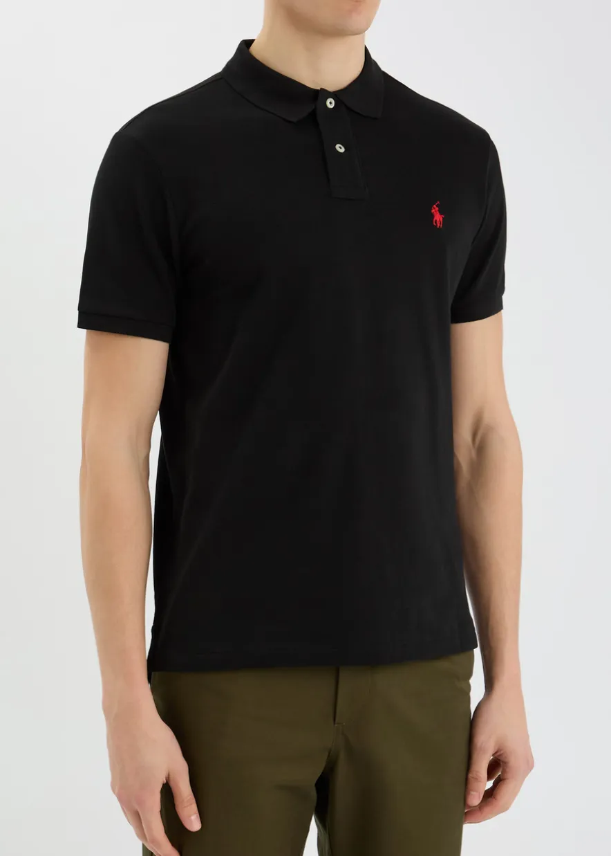 Black slim piqué cotton polo shirt