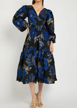 Blues floral-jacquard woven midi dress
