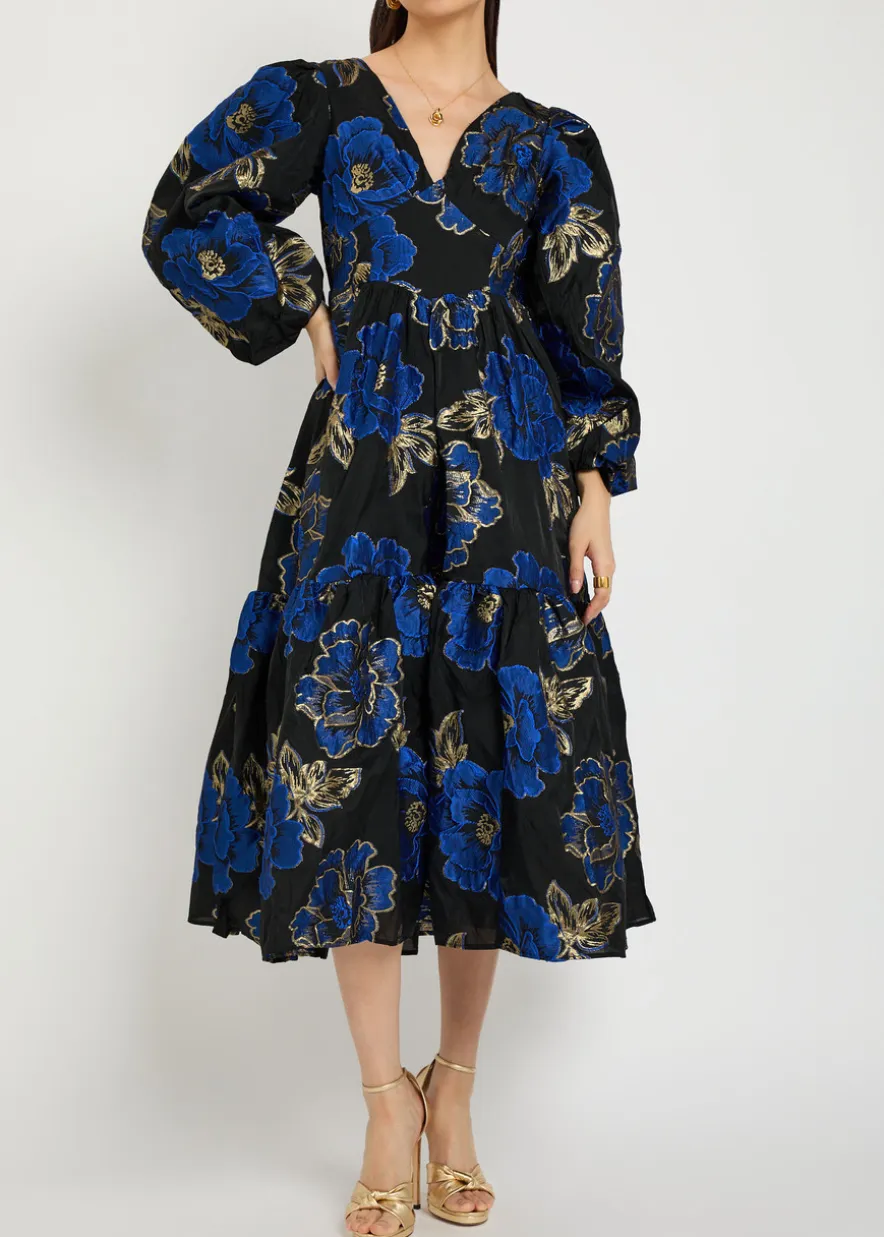 Blues floral-jacquard woven midi dress