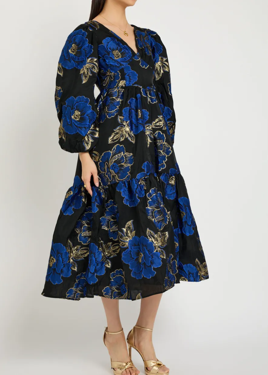 Blues floral-jacquard woven midi dress