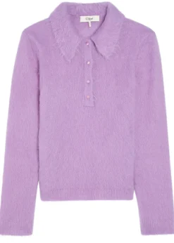 Brushed knit wool-blend polo top
