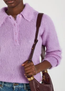 Brushed knit wool-blend polo top
