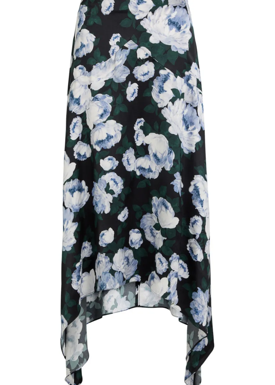 Bunch of Roses asymmetric floral-print satin midi skirt