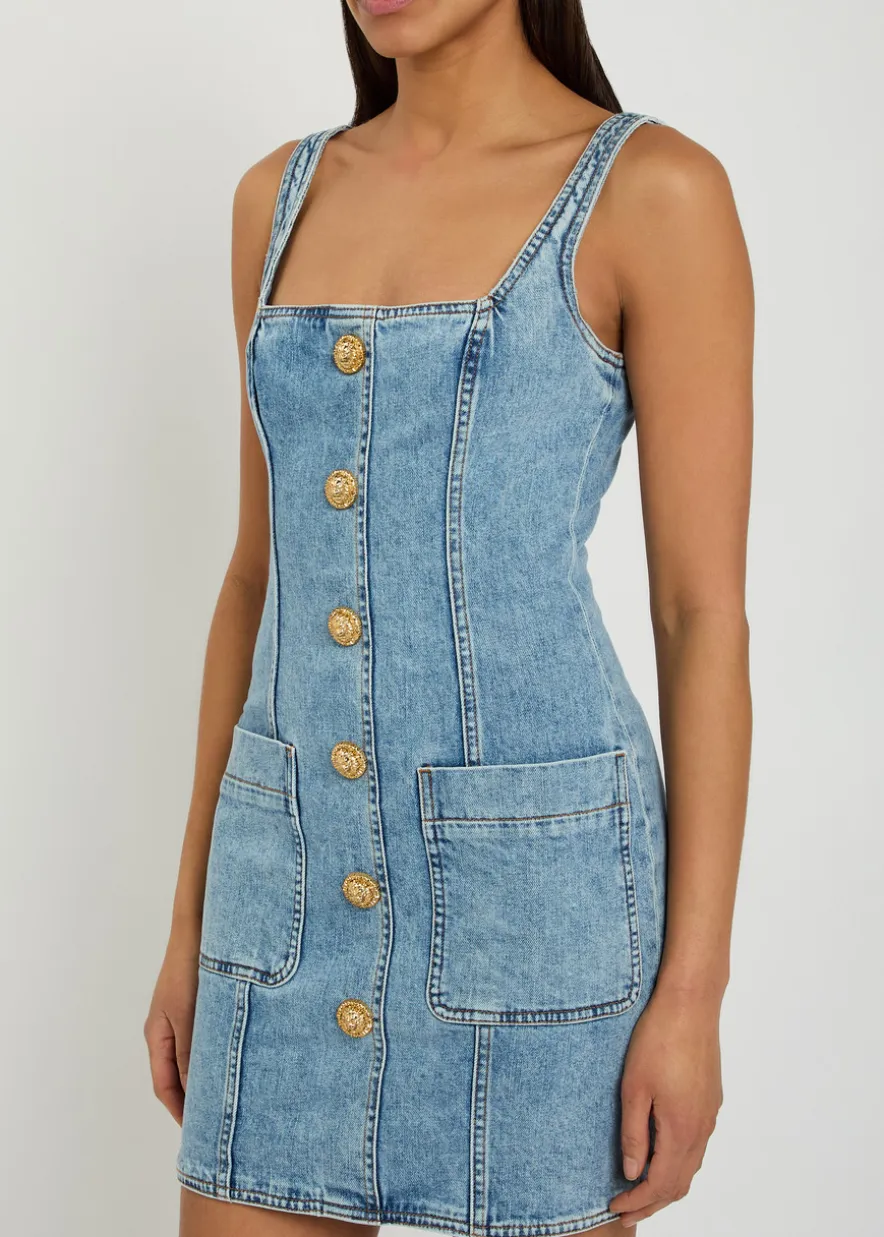 Button-embellished stretch-denim mini dress