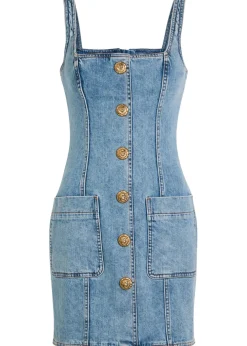 Button-embellished stretch-denim mini dress