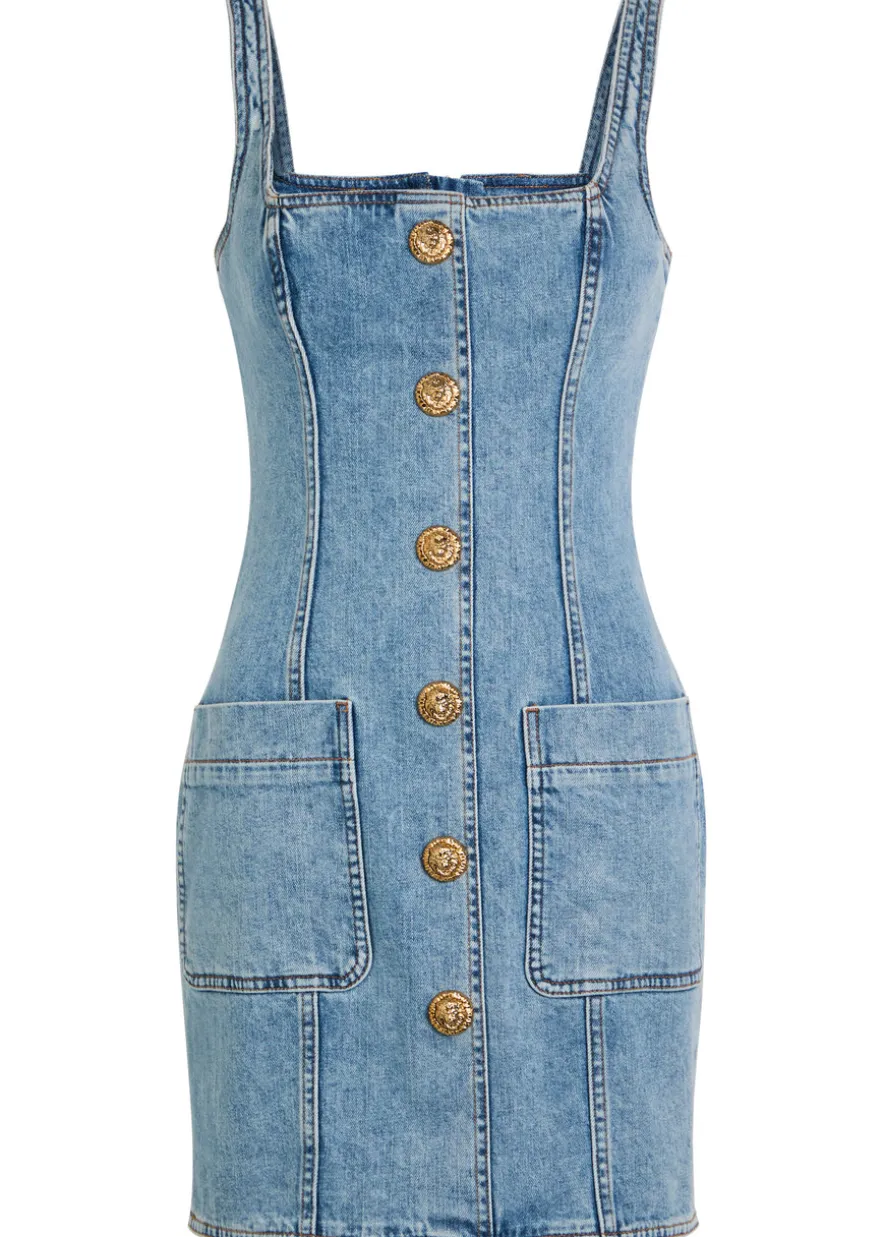 Button-embellished stretch-denim mini dress