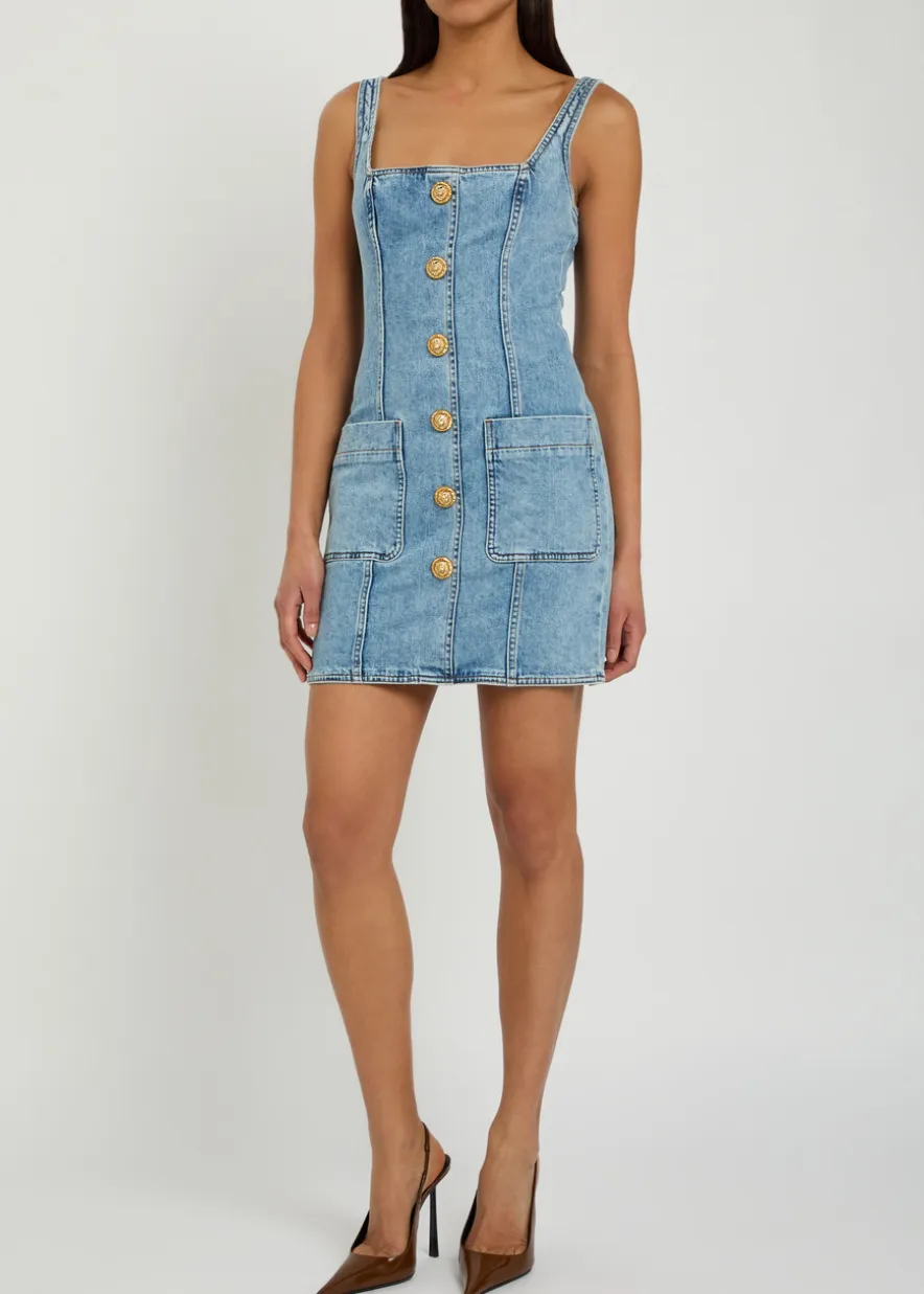 Button-embellished stretch-denim mini dress