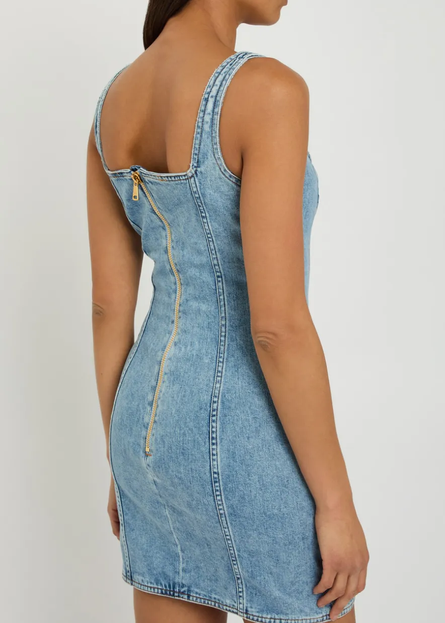 Button-embellished stretch-denim mini dress