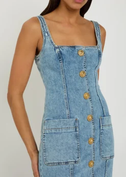 Button-embellished stretch-denim mini dress