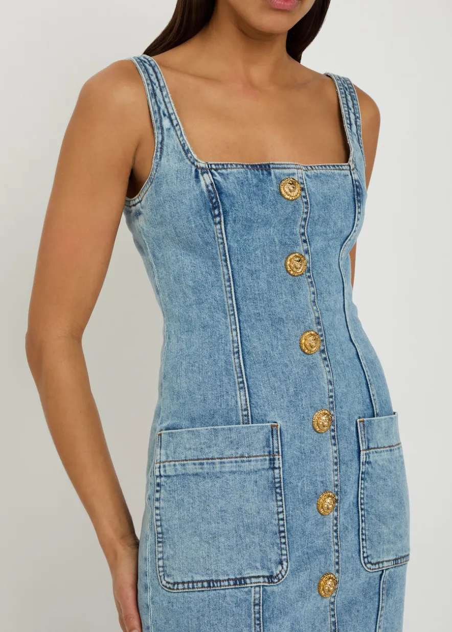 Button-embellished stretch-denim mini dress
