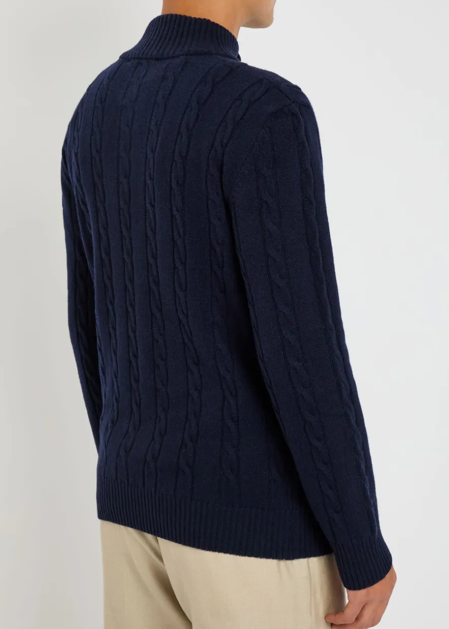 Cable-knit wool and cashmere-blend polo jumper