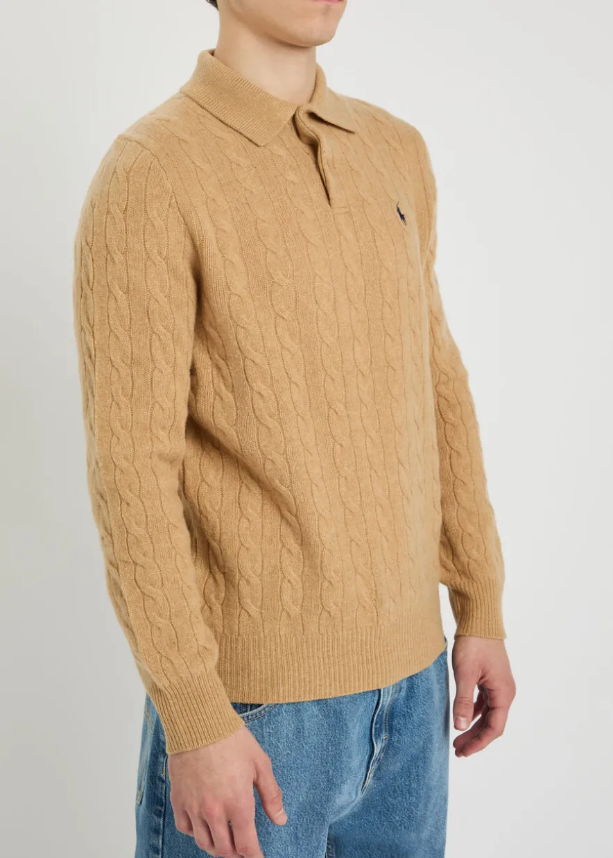 Cable-knit wool and cashmere-blend polo jumper