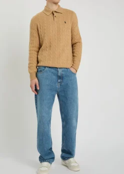 Cable-knit wool and cashmere-blend polo jumper