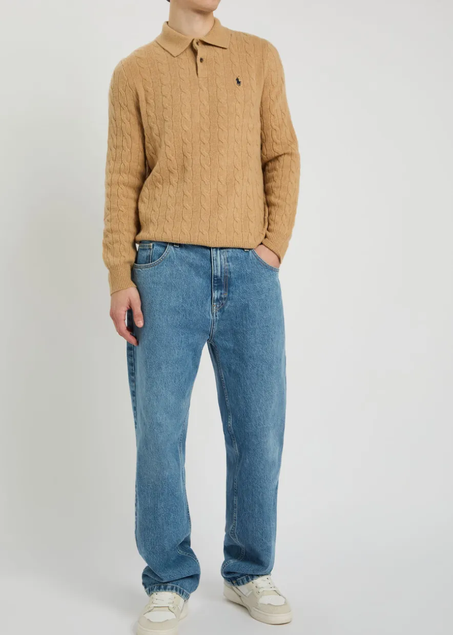 Cable-knit wool and cashmere-blend polo jumper
