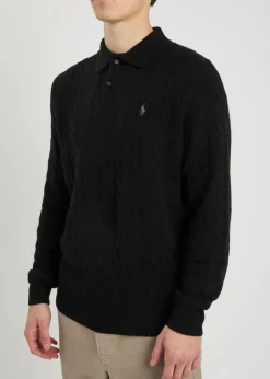 Cable-knit wool and cashmere-blend polo jumper