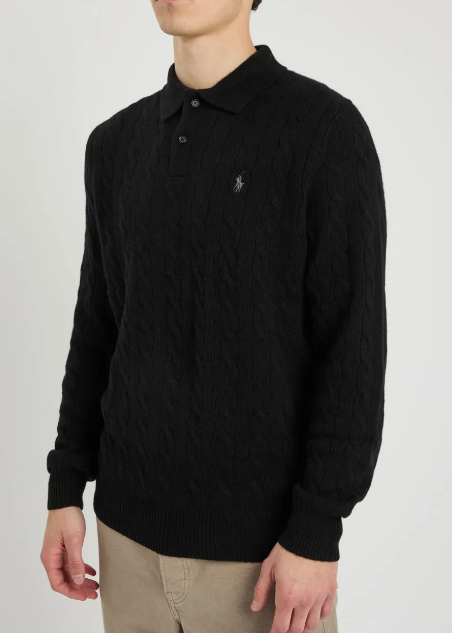 Cable-knit wool and cashmere-blend polo jumper