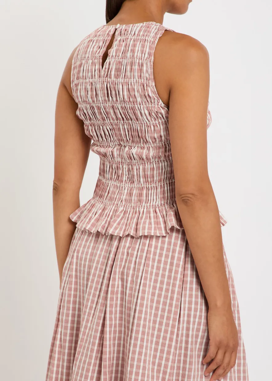 Cales checked shirred cotton-poplin top