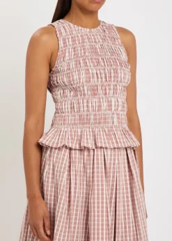 Cales checked shirred cotton-poplin top