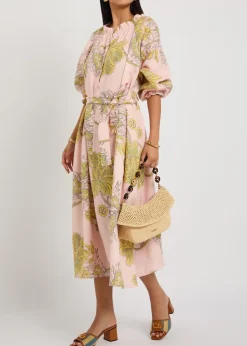 Cerere printed belted linen midi shirt dress