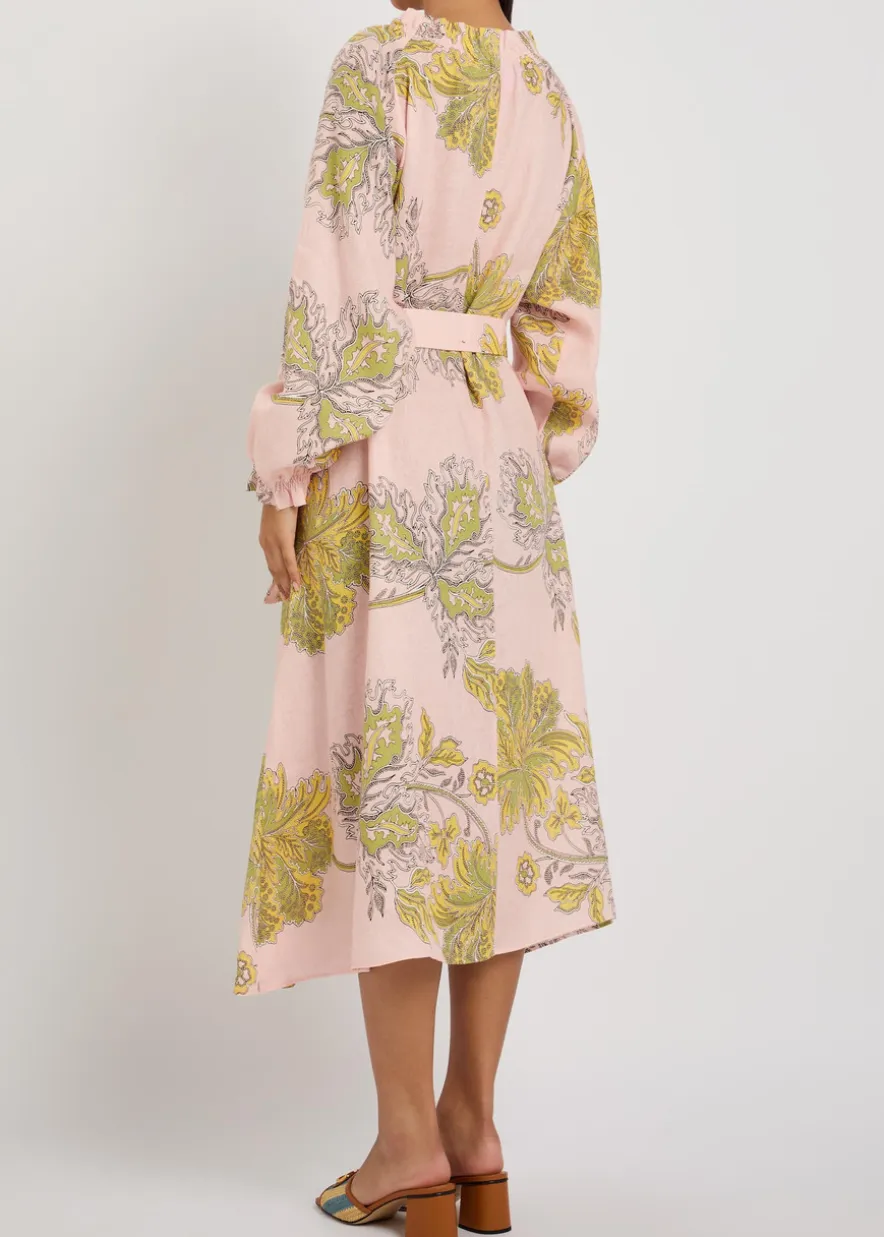 Cerere printed belted linen midi shirt dress