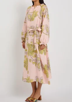 Cerere printed belted linen midi shirt dress