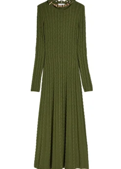 Chain-embellished cable-knit midi dress