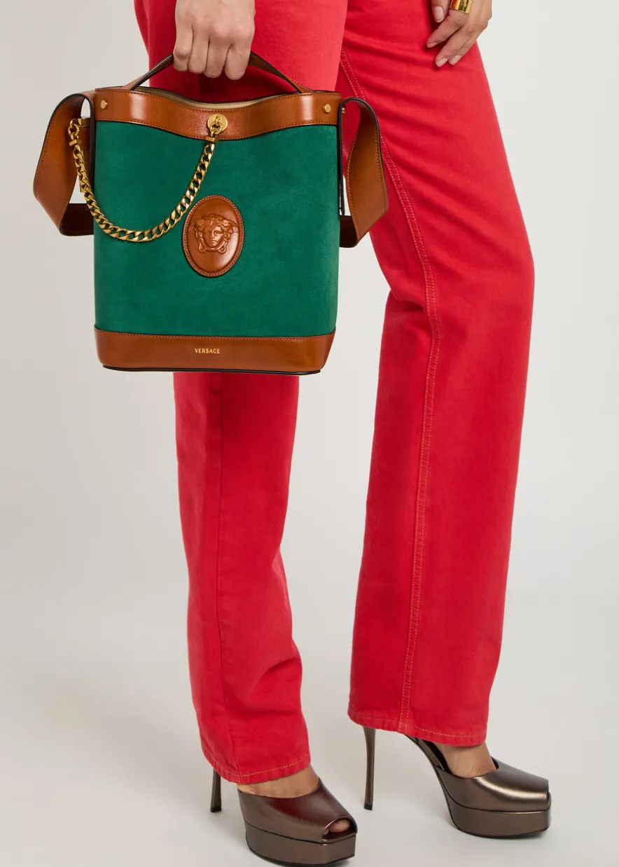 Chain small leather and suede bucket bag