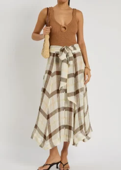 Checked belted linen-blend midi skirt