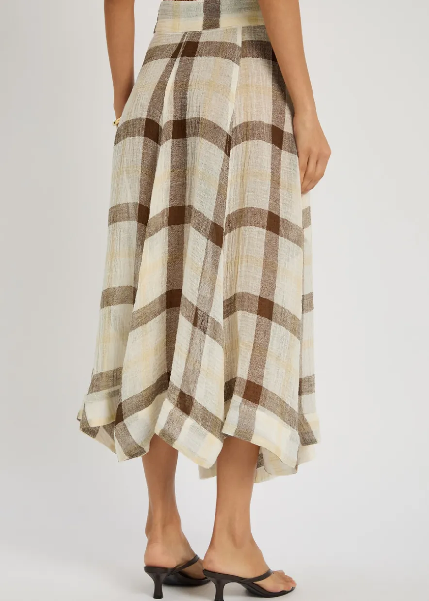 Checked belted linen-blend midi skirt