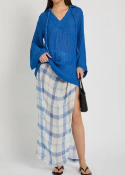 Checked linen-blend sarong skirt
