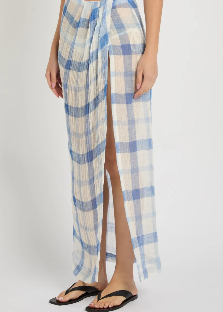 Checked linen-blend sarong skirt