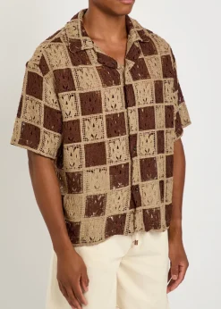 Checked logo-monogram open-knit shirt