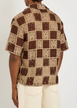 Checked logo-monogram open-knit shirt