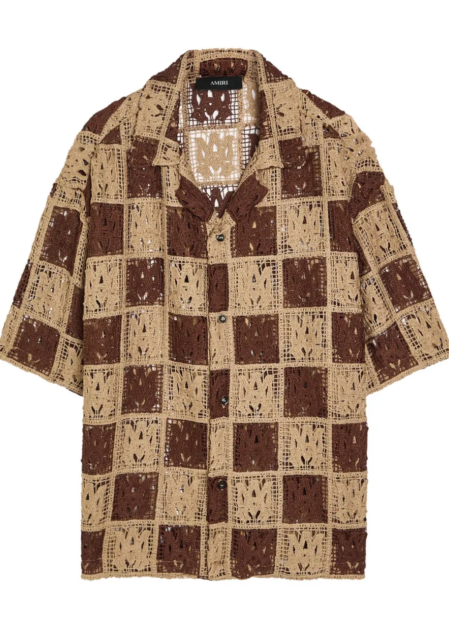 Checked logo-monogram open-knit shirt