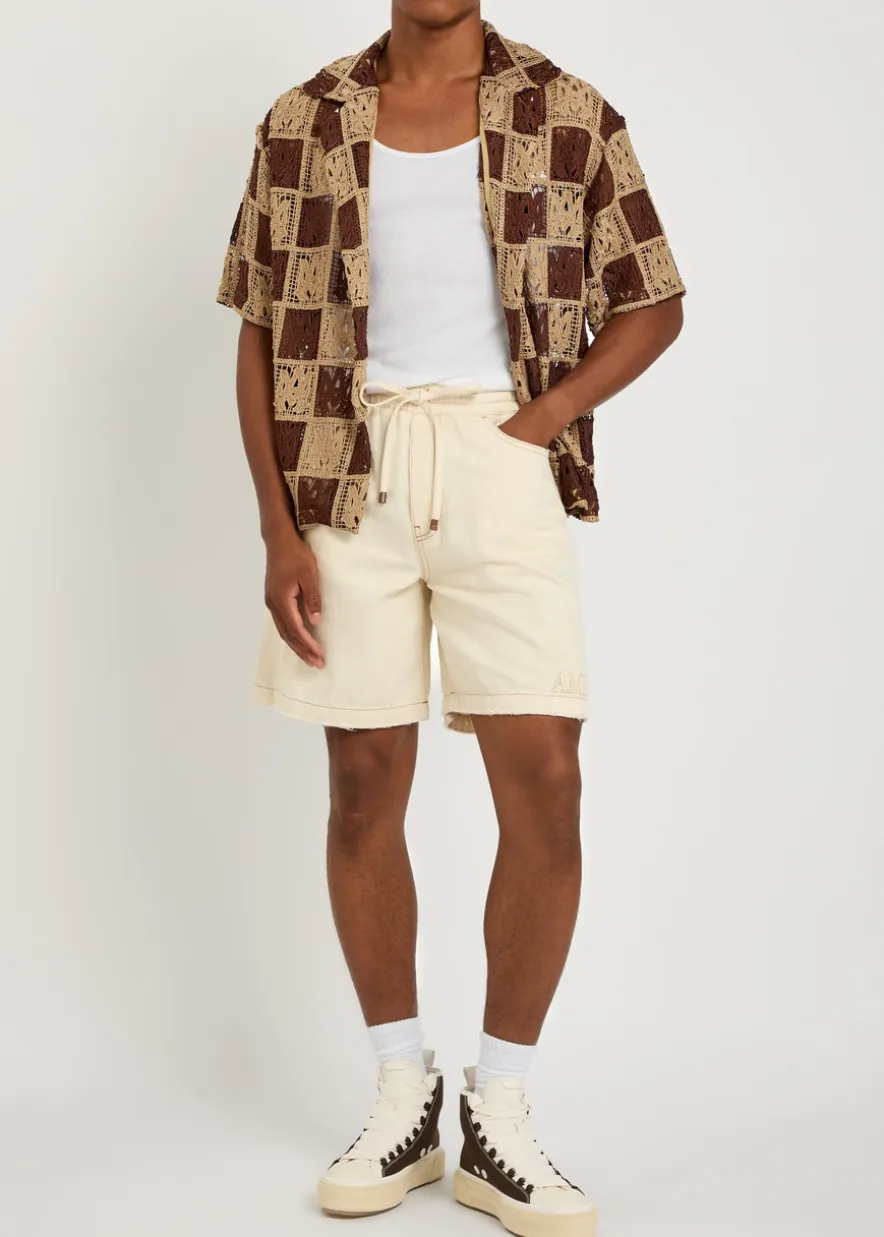 Checked logo-monogram open-knit shirt